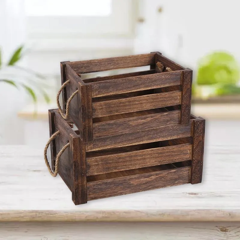 Número criativo da cesta de armazenamento retangular de madeira doméstica criativa com cabo de corda Vintage Rustic Hollow Out Organizer Bin Box Crates