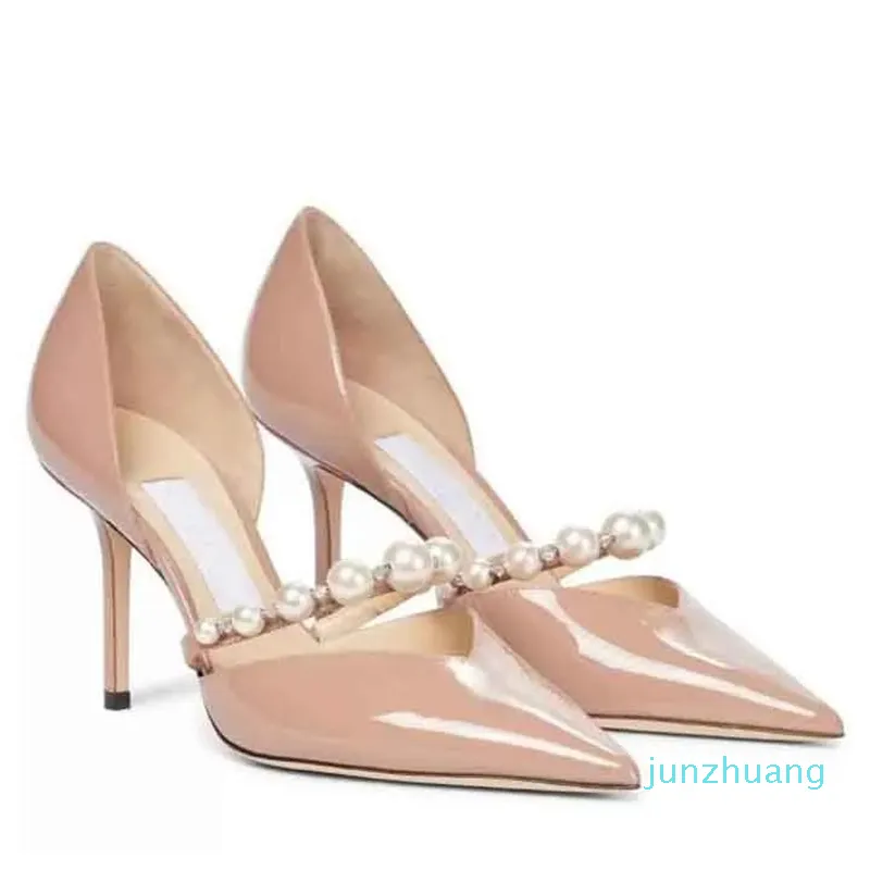 Chaussures habillées de mode pour femmes escarpins chaussures de luxe sandales à talons hauts Latte en cuir verni pointu et embellissement de perles fête de mariage