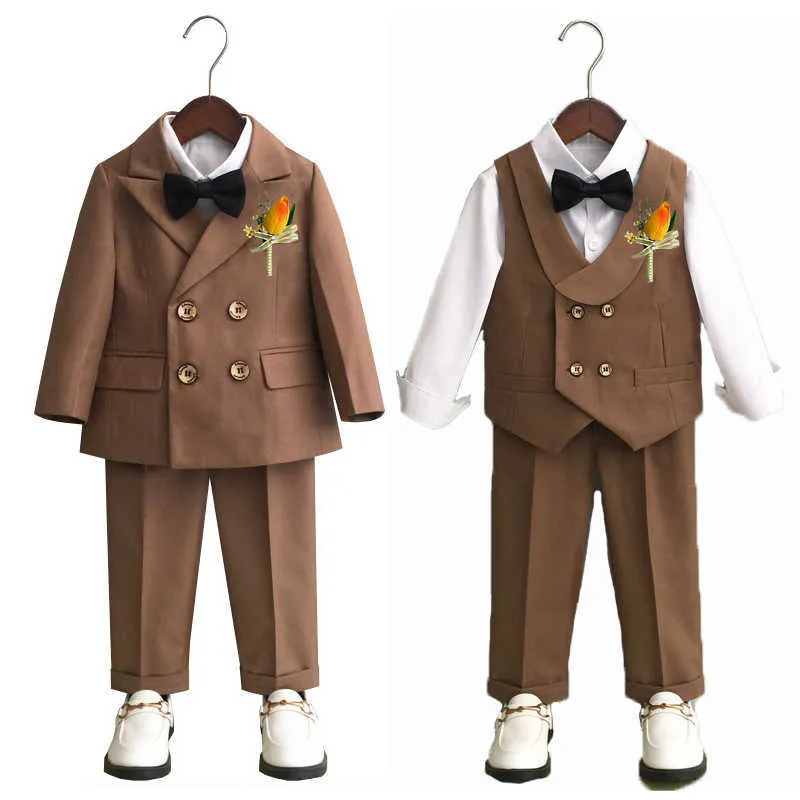 Garnitury dziecko formalny komplet garniturów chłopcy jesień ślub pierwsze urodziny dziecka pianino wydajność kostium kurtka dla dzieci kamizelka spodnie odzież SetHKD230704