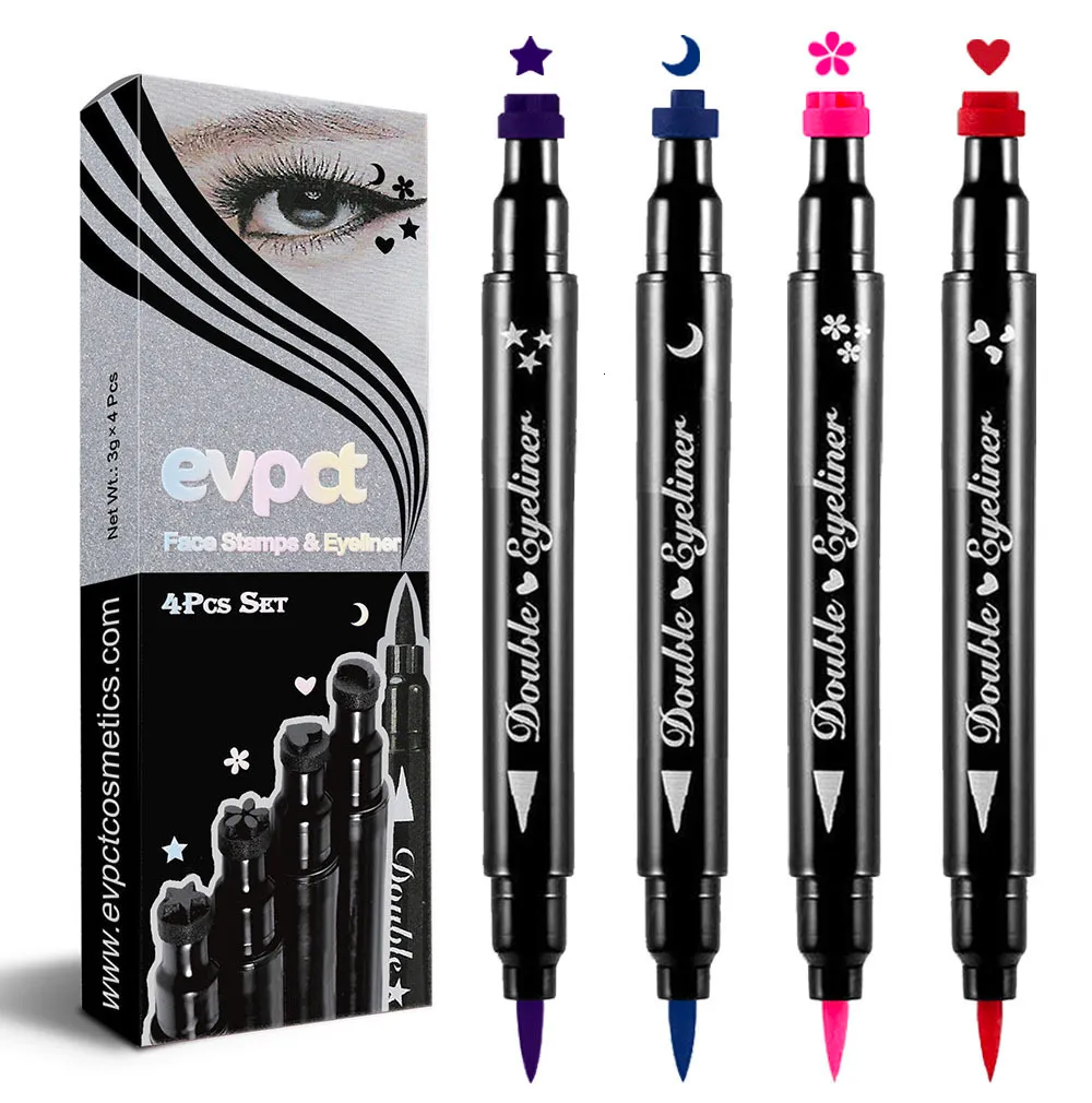 Göz Shadowliner kombinasyonu 4pcs Çift Kafa Su geçirmez sıvı eyeliner ay yıldız kalp şekilleri dövme damgası hızlı kuru göz astarı kalem makyaj aracı 230703