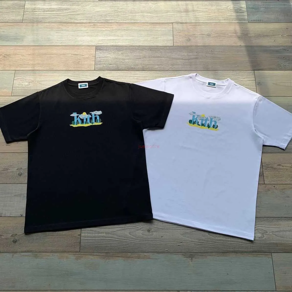 Roupas de moda de grife camisetas camisetas verão novo produto oferta especial americano preto e branco kith sol nuvem padrão casal manga curta camiseta algodão streetwea