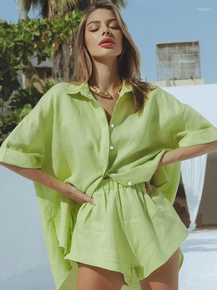 Indumenti da notte da donna Hiloc verde mezza manica in cotone sciolto monopetto da donna pigiama set moda donna 2 pezzi loungewear casual