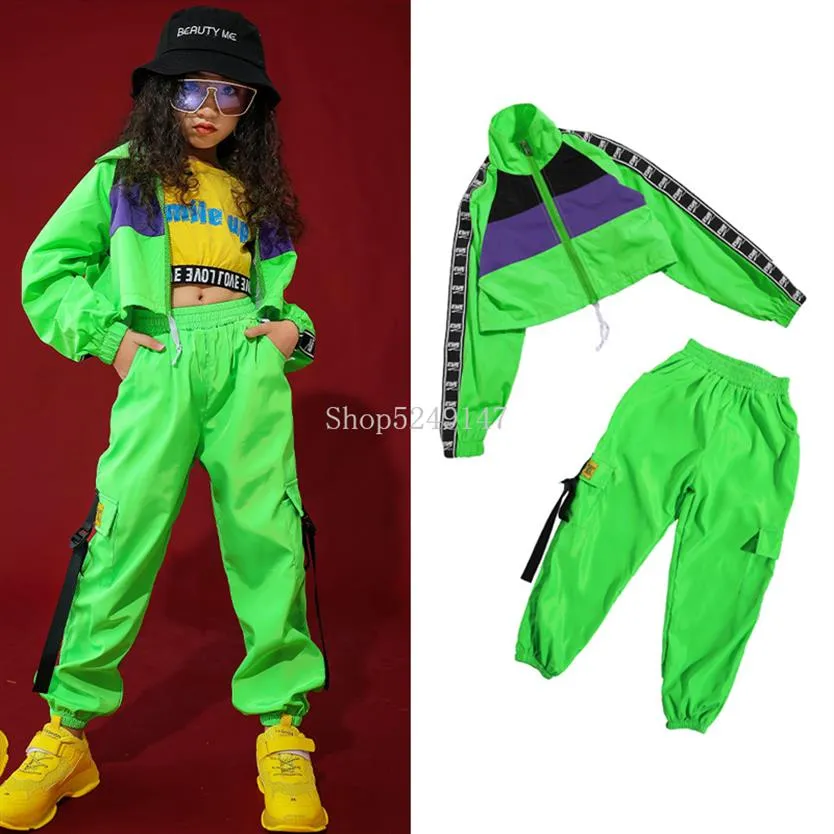 Odzież sceniczna dziecięcy kostium do tańca jazzowego dziewczęca odzież hip-hopowa uliczny fluorescencyjny zielony zestaw nowoczesna wydajność230o