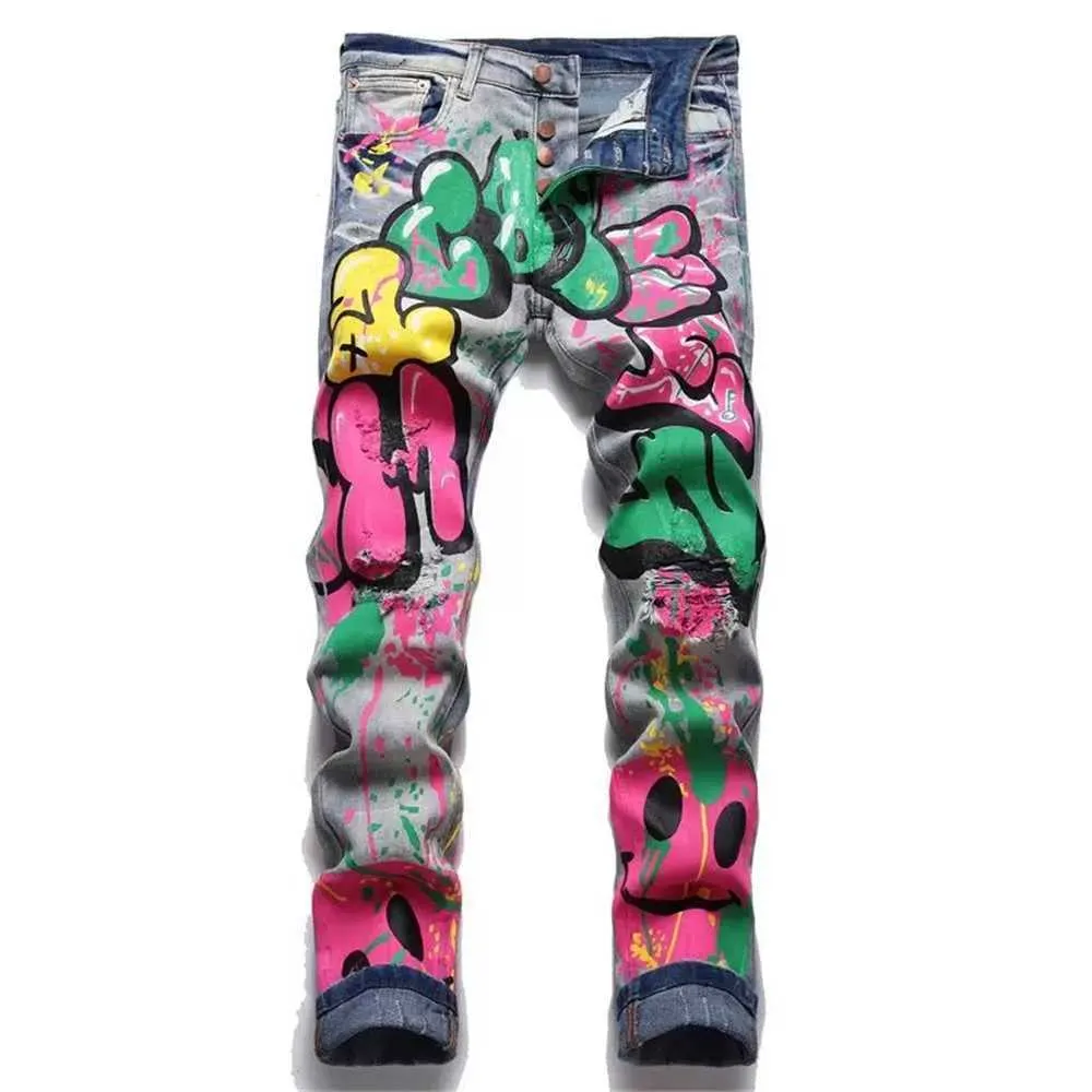 Jeans da uomo Uomo Colorato Doodle Dipinto Denim Streetwear Punk Stretch Stampa Pantaloni Bottoni Fori Strappati Pantaloni a matita sottili Arydt8u