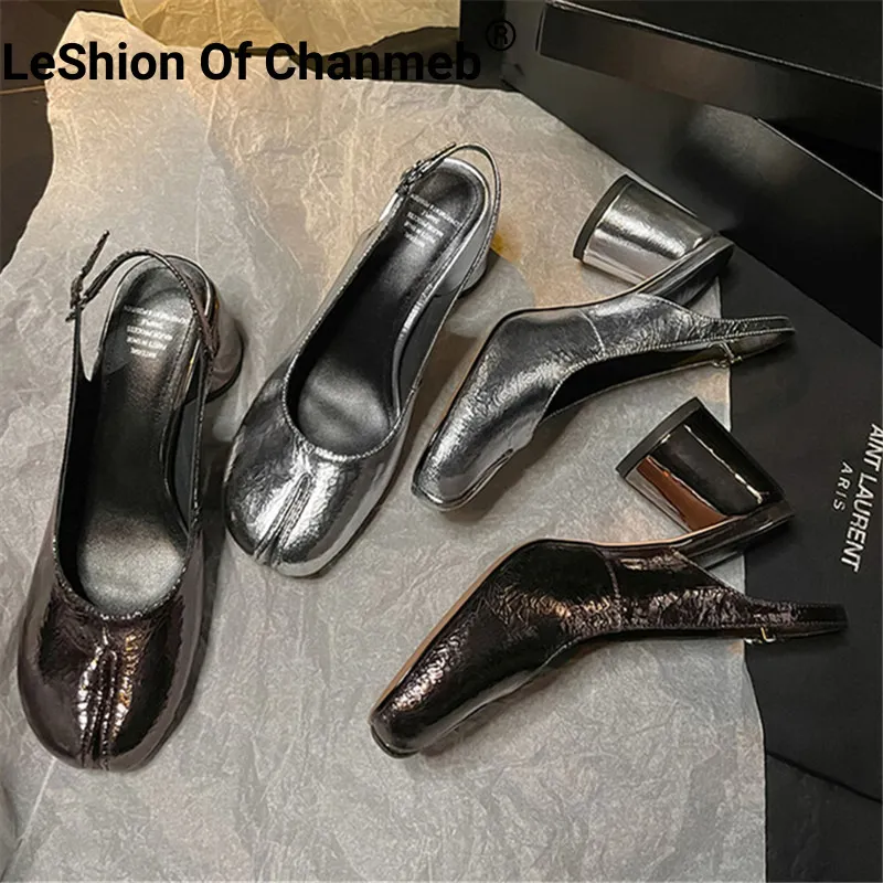 Dress Shoes LeShion Of Chanmeb Genuine Leather Women Slingback Pumps Thick Round Heel Japan Separate Toe Silver Buckle Shoes Lady Party Prom 230703