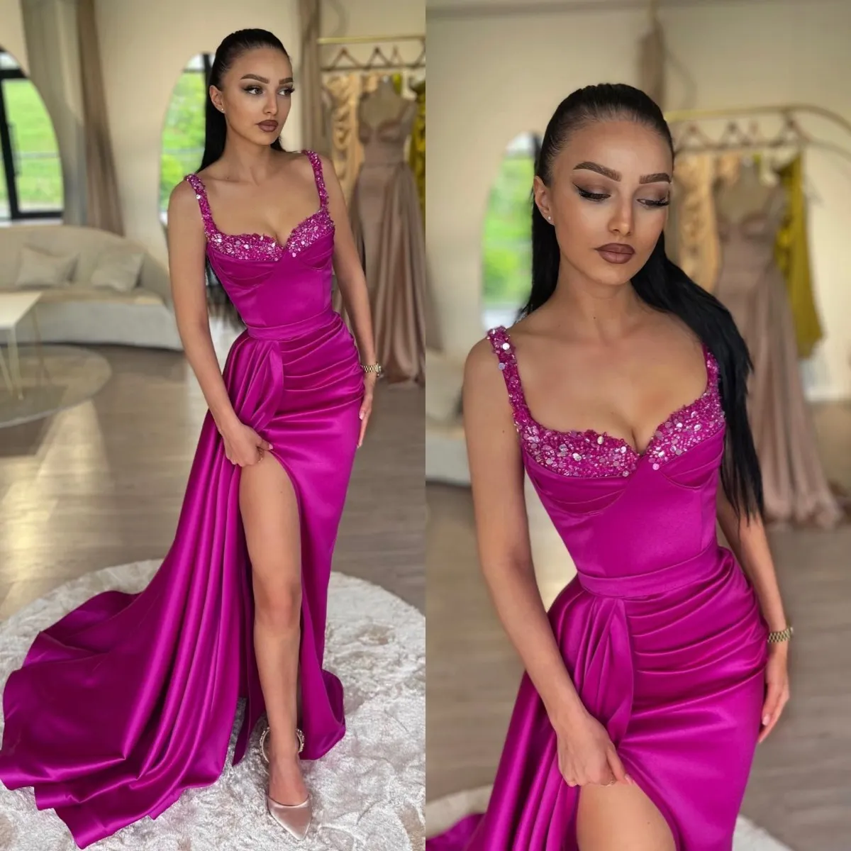 Mode violet rouge robes de bal paillettes robes de soirée spaghetti plis fente gaine formelle longue occasion spéciale robe de soirée