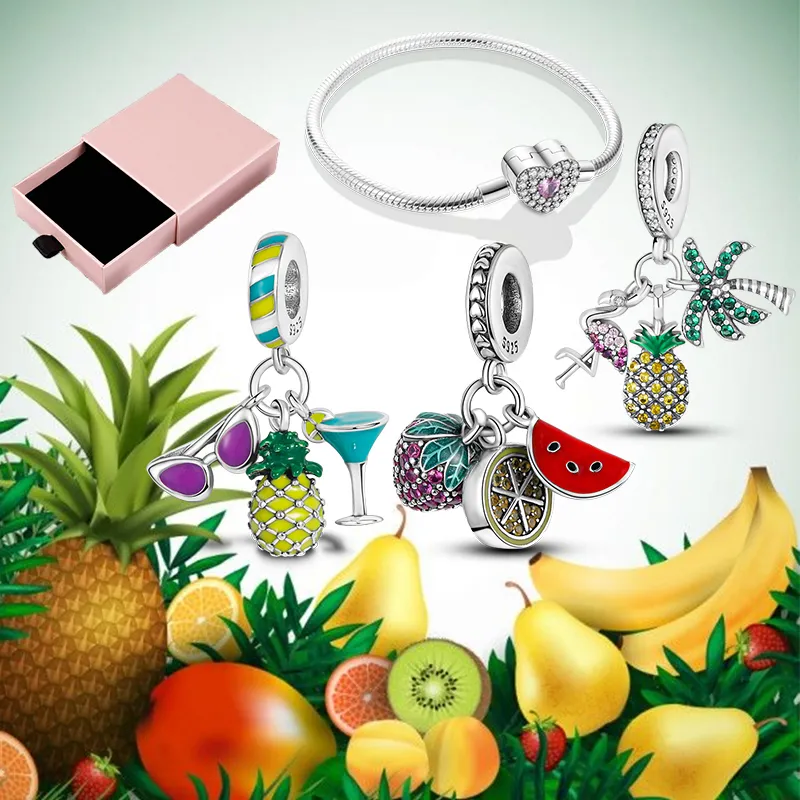 925 Silver Fit Pandora Charm 925 Bracelet Lemon Cherry Charms Set Pink Heart Bracelet plata de ley 925 Fruit Pineapple charms set Pendant DIY Fine Beads Jewelry