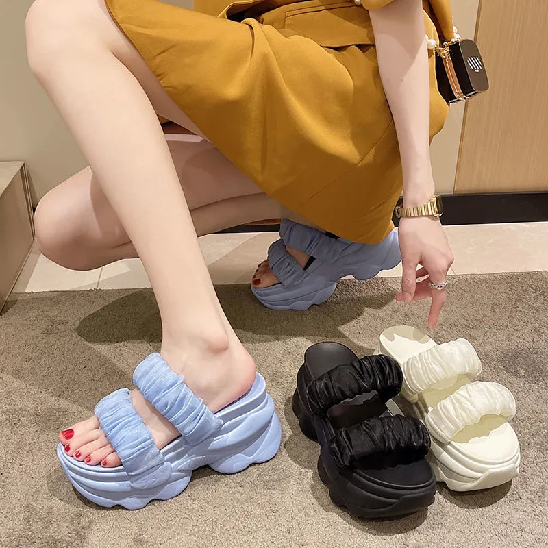 Slippers CINESSD Summer Platform Slippers Women Blue Pleated Riband Discolor Ladies Chunky Sole Beach Cool Wedges Slides Shoes Woman 230703