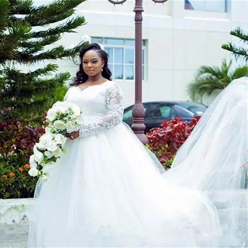 Manches longues ivoire Tulle robes De mariée dentelle Appliques africaine grande taille robes De mariée chapelle Vestido De Novia 2023