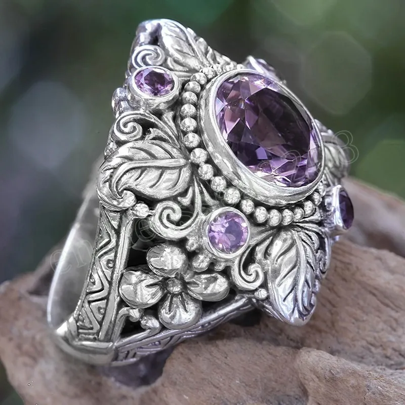 Bague améthyste de luxe femmes européennes et américaines rétro Imitation thaï argent arbre feuille fleur bague