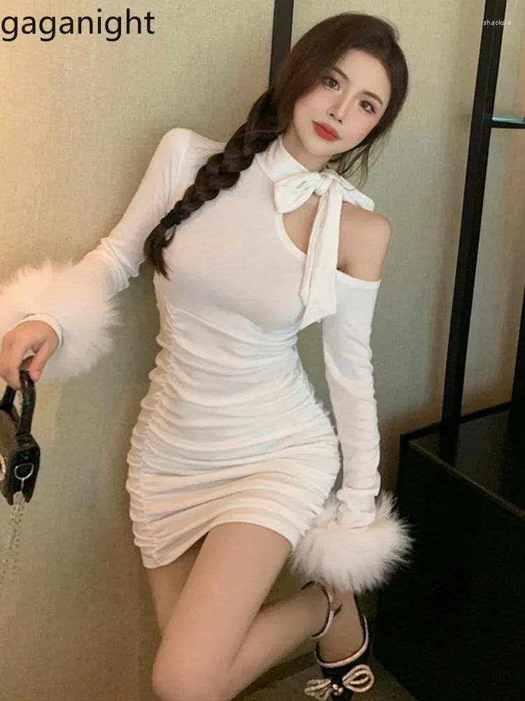 Casual Dresses Gaganight Women Wool Sleeve Hanging Neck Off Shoulder Asymmetric Dress 2023 Spring Sexy Temperament Waist Slim Bow