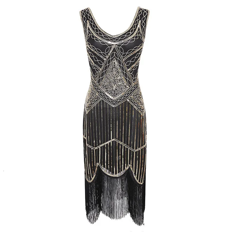 Casual Sequins Outfit Tassel Dress for Ladies - 1920s Roaring 20s Flapper Gatsby in Black, Gold, Red, White, Black Beige, and Black Red (Style 083)