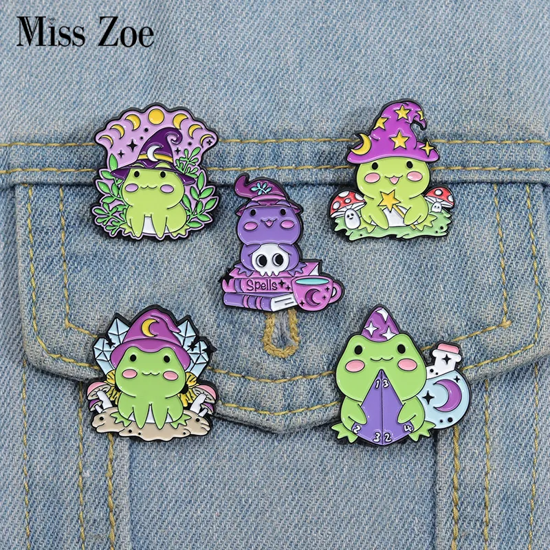 Witch Frogs Enamel Pins Custom Spell Book Magic Wand Potion Moon Phase Brooch Lapel Badge Animal Jewelry Gift for Kids Friends