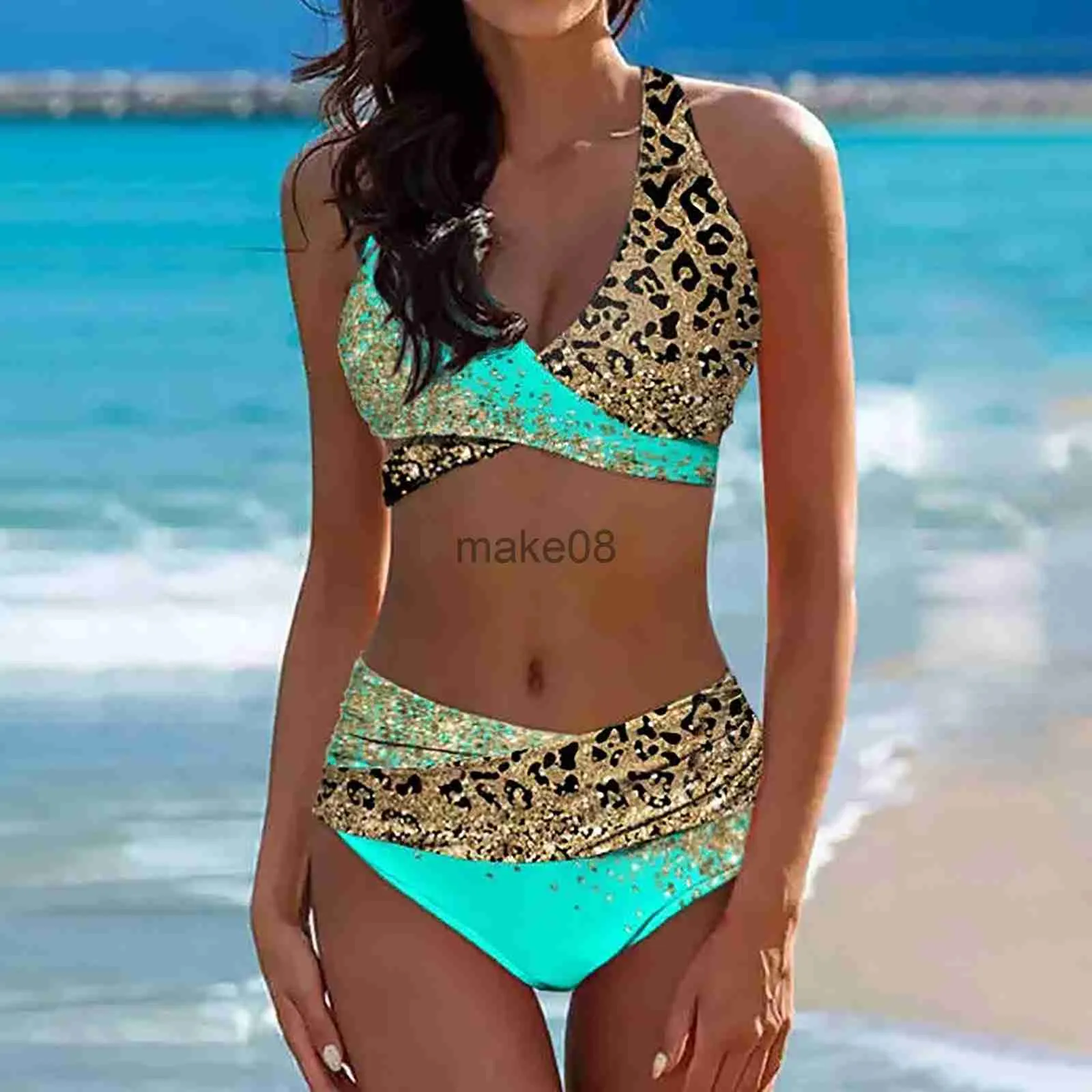 Dambadkläder Kvinnor Leopardtryck Bikini Mode Patchwork Triangeltrosor med hög midja Tvådelad Tankini Set Tonåringar Baddräkter för flickor J230704