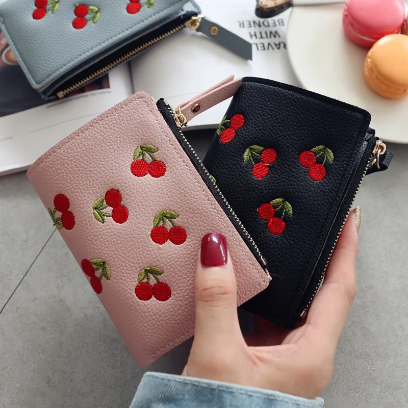 Ladies Vertical Buckle Cherry Embroidery Short Wallet Cute Fashion Coin Zipper Poucht Student Simple Wallets