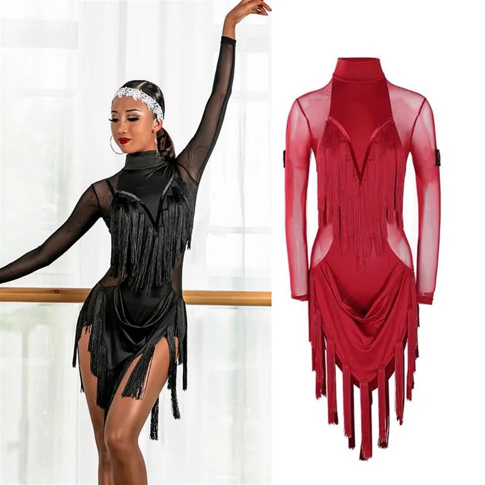 Bühnenkleidung Latin Dance Kleid Frauen Mesh Quaste Röcke Schwarz Rot Fransen Wettbewerb Cha Rumba Samba Performance Clothes2715