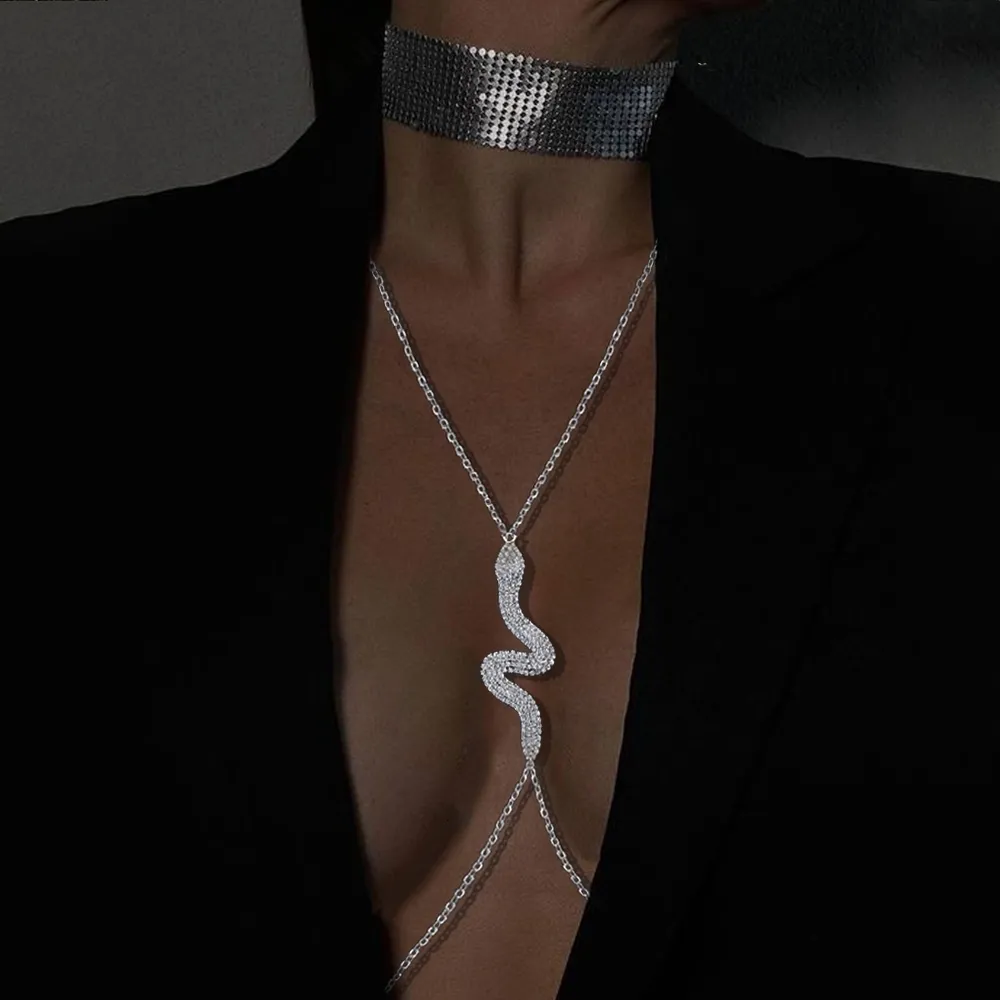 Botão de sino de umbigo anéis colar de corrente de peito de cobra sexy para mulheres, corrente de corpo de metal, biquíni, cristal, acessórios para roupas, decoração 230703