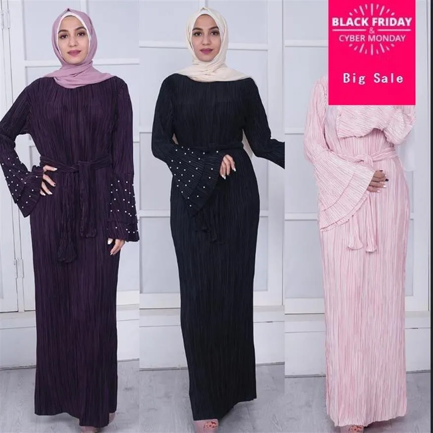 Etniska kläder Muslimskt vuxenmodemärke Pärlor Plisserad Abaya Klänning Kläder Kvinnlig Arabisk Bön Gudstjänst Flare Sleeve Wj272285Q