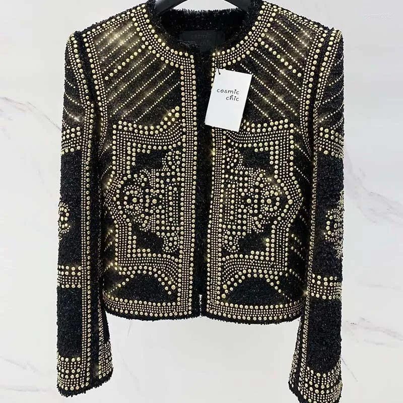 Damesjassen 22 Designer Beaded Gold Totem Tweed Jacket Women Metal Stud Mouwloze Rits Galajurk Gothic Ronde Hals Gewatteerde Schouder