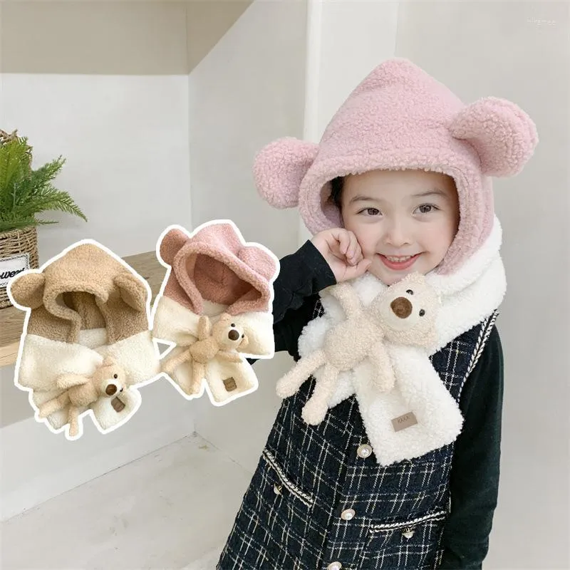 Foulards hiver enfants filles garçons mignon ours poupée écharpe chapeau une pièce en plein air épaissir chaud oreillette casquette Imitation cheveux d'agneau enfants