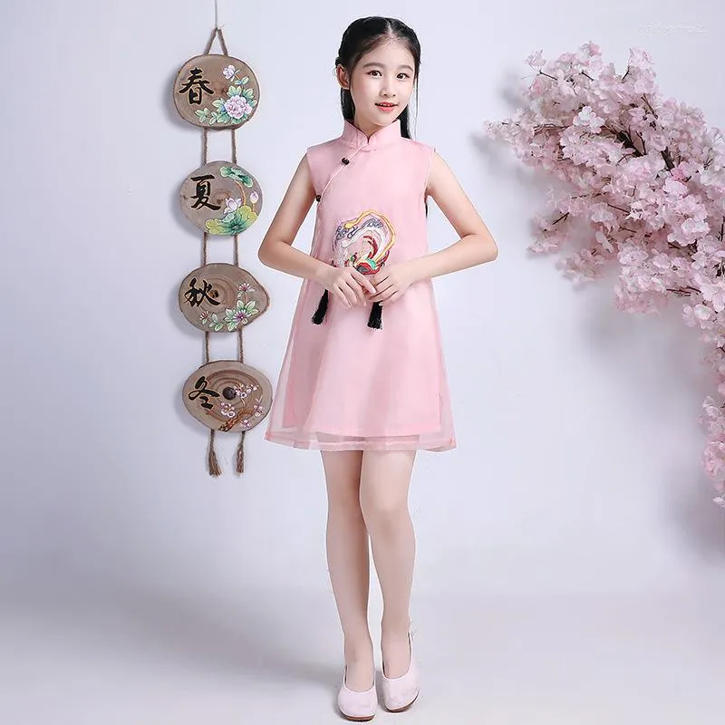 Ropa étnica Verano Niños Sin mangas Cheongsam Vestidos cortos Princesa Hilo Falda Niñas Cumpleaños Rosa Vintage Vestido chino Qipao