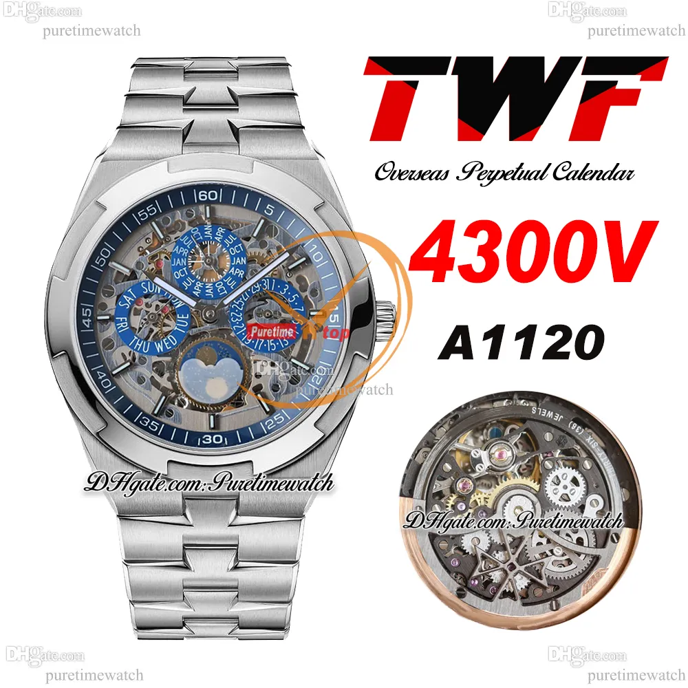 TWF Overseas Calendrier Perpétuel Moonphase 4300V A1120 Montre Automatique pour Homme Cadran Squelette Bleu Bracelet en Acier Inoxydable Super Version Edition Hombre Puretime B15