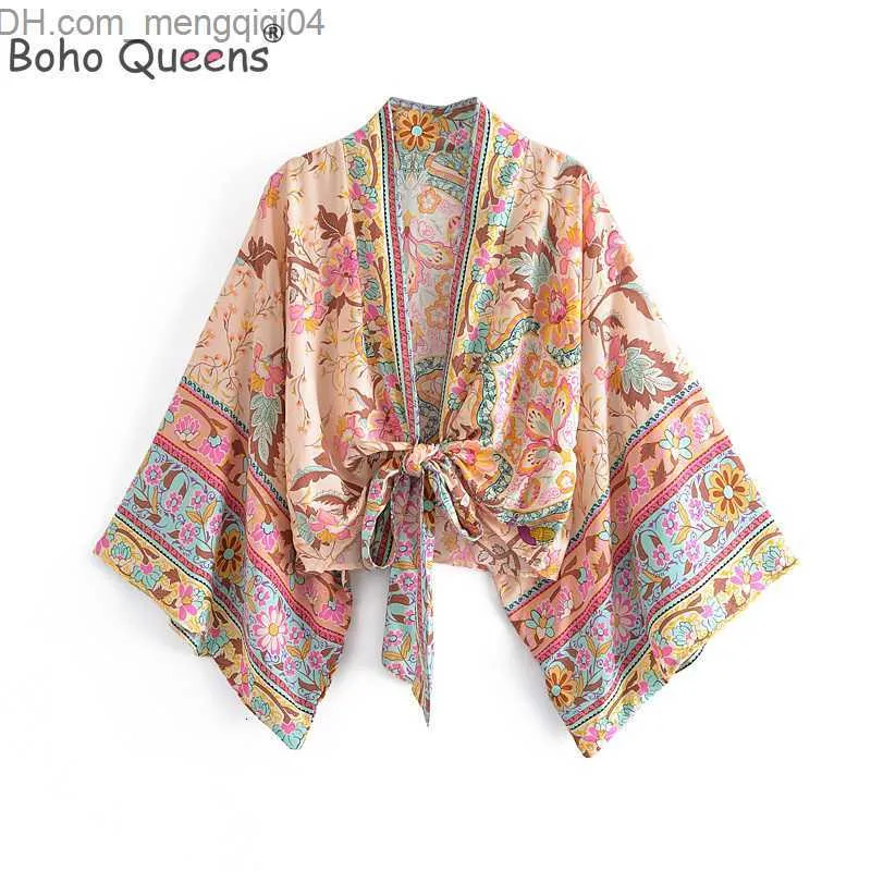 Stroje kąpielowe damskie Stroje kąpielowe damskie Boho Queens Vintage, w kwiaty Print Sashes Krótkie kimono Kobiety Moda V Neck Rękawy w kształcie skrzydła nietoperza Ladies Beach Z230706