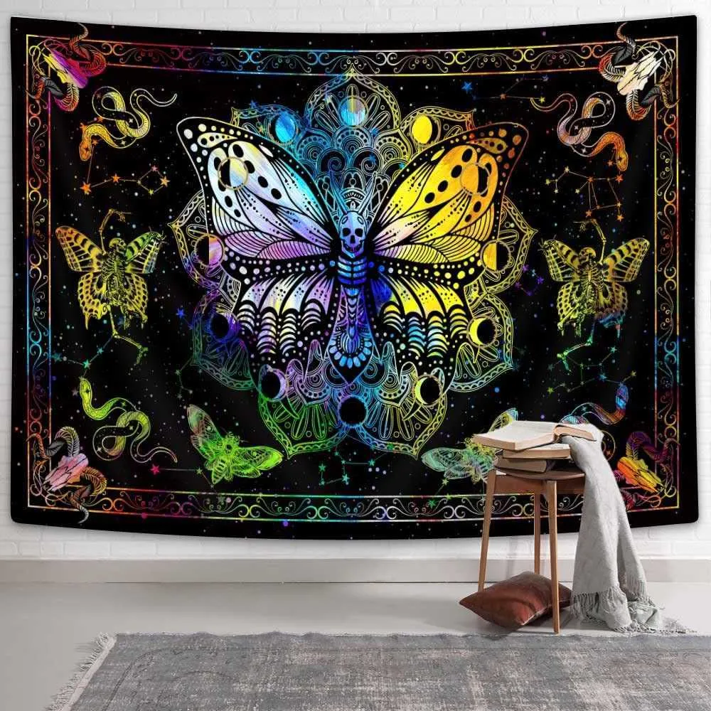 Tapisserier Moth Skull Tapestry Wall Hanging Blue Mandala Tapelestries Teen Bedroom Living Room Dorm Decor Mural Filt