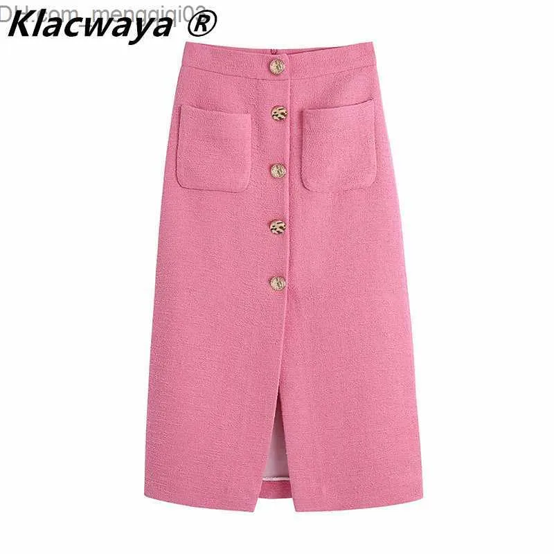 Skirts Women Midi Skirt Tweed Textured Pink Buttoned Za Vintage High Waist Front Slit s Chic Back Zip Z230704