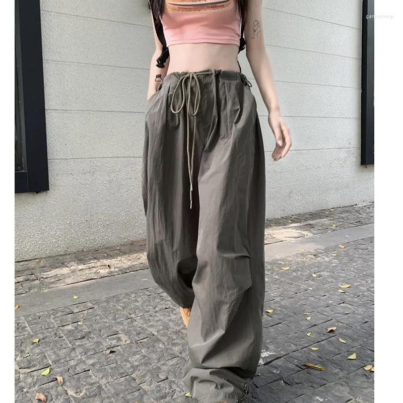 Women's Pants High Street Vintage Cargo Fashion Pocket Waist Bind Feet Straight Casual Baggy Wide Leg Trouser Ladies Summer