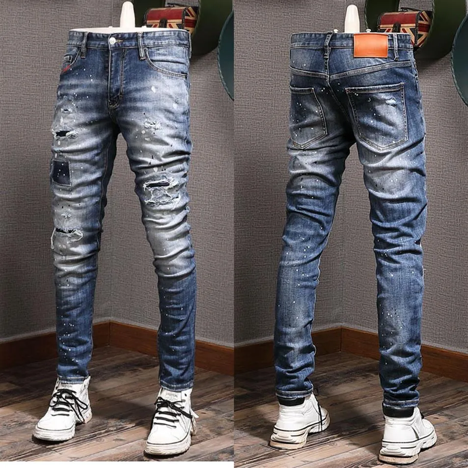 Herren-Motorradjeans Super Damage Dark Wash Blue Cowboy Patches Denim Cotton2848