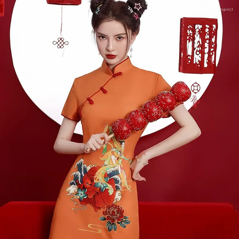 Etnik Giyim 2023 Yaz Turuncu Küçük Kız Seksi Cheongsam Kısa Geliştirilmiş Modern Qipao Çin tarzı düğün Moda Elbisesi İçin