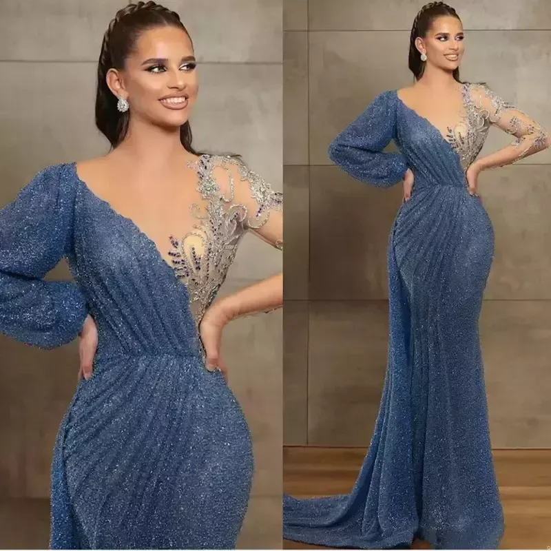 Azul vestidos de noite elegantes sheer jóia pescoço frisado renda manga longa sereia vestidos de baile varredura trem feito sob encomenda ilusão robes de