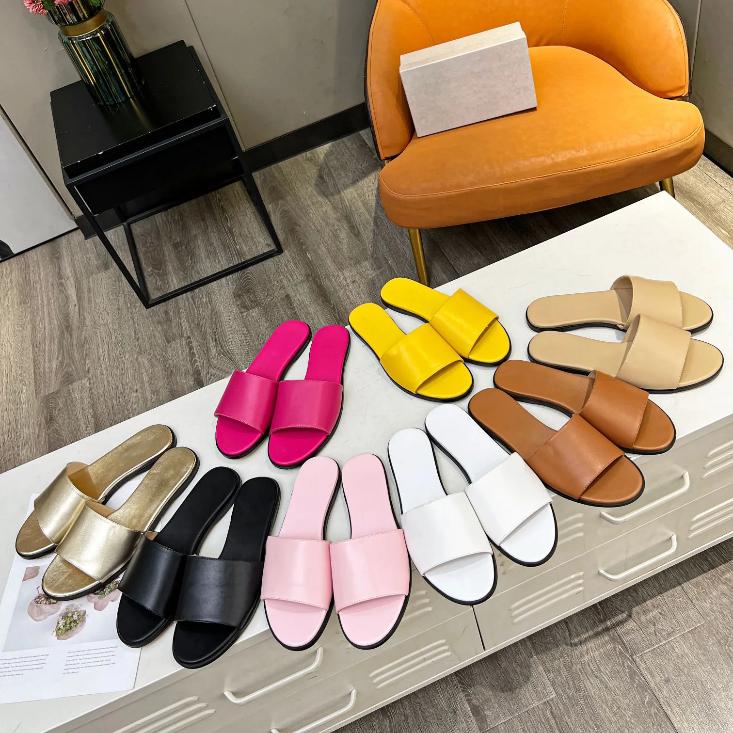 DHgate Womens Summer Open Toe Sandals Genuine Leather Straight Line Slippers Casual Comfortable Slippers for Women Shoes Accessories