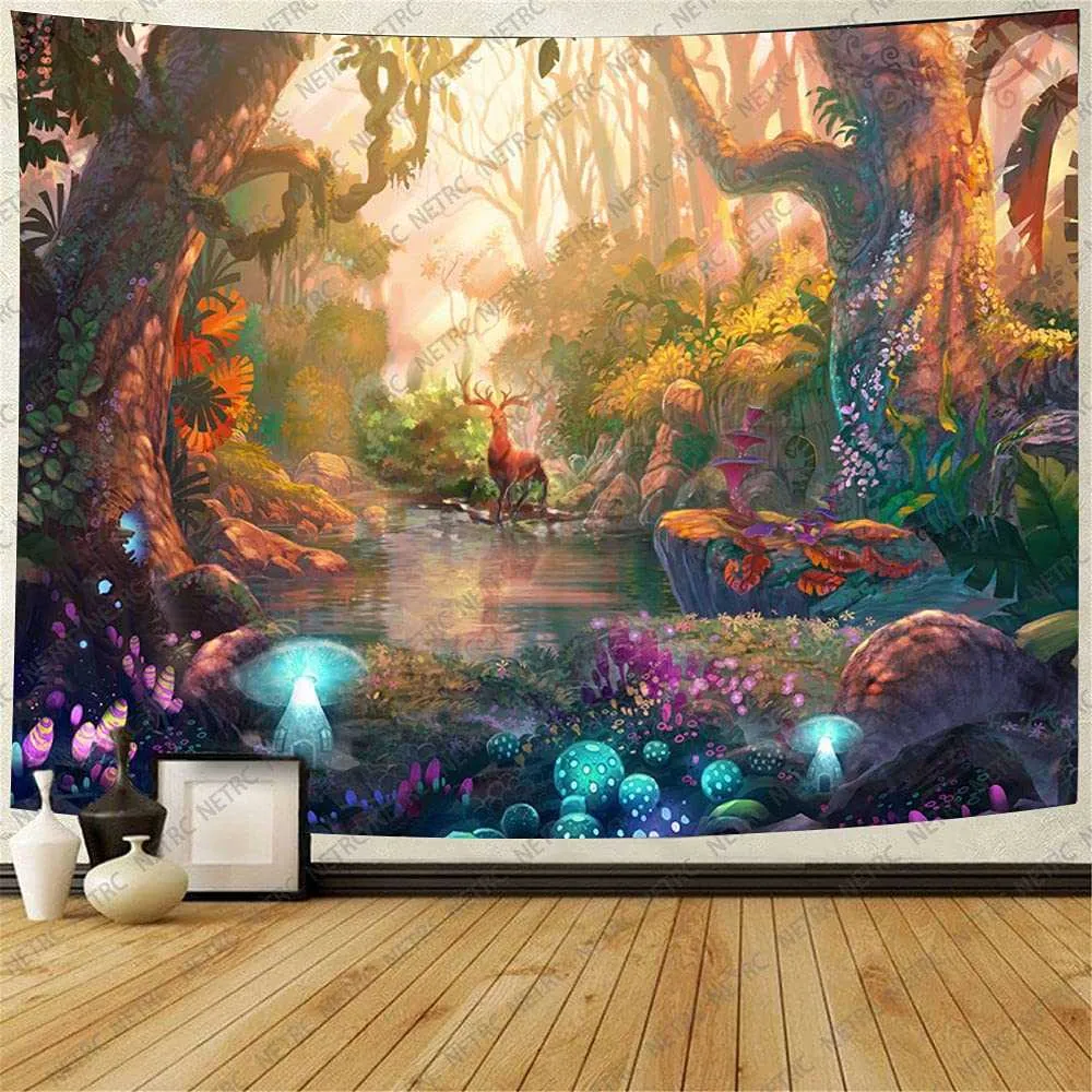 Tapisseries Conte de fées Forêt Tapisserie Nénuphar Arbres Magiques Maisons Tenture Murale Tapisseries pour Enfants Chambre Salon Dortoir Décor