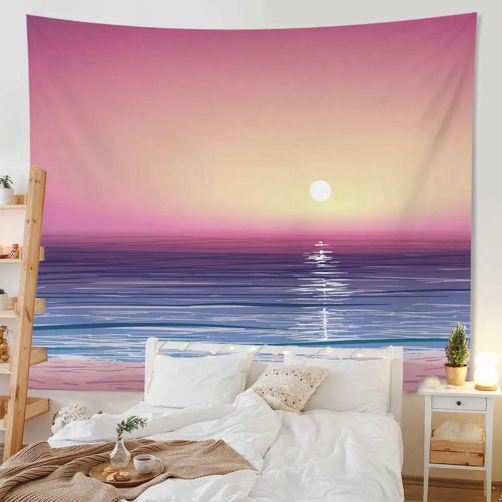 Tapestries Summer Seaside Sunset Tapestry Pink Purple Sky Tapestries Natural Scenery Wall Blanket Cloth Living Room Bedroom Wall Hanging