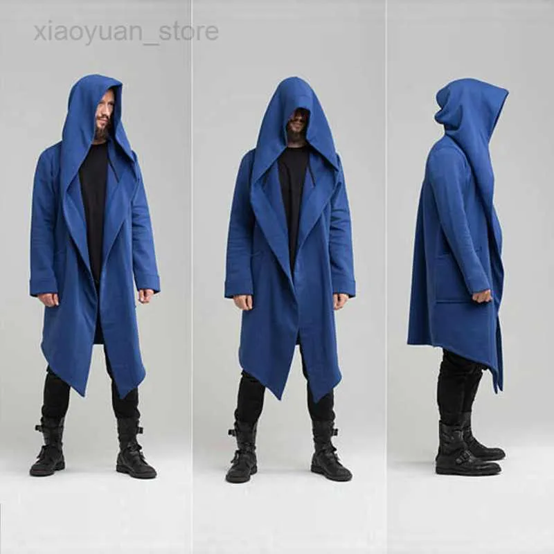 Men's Hoodies PARKLEES Long Cardigan Cloak Coat Men Hooded Black Hip Hop Mantle Hoodies Jacket Mantle Cloak Coats Outwear HKD230704