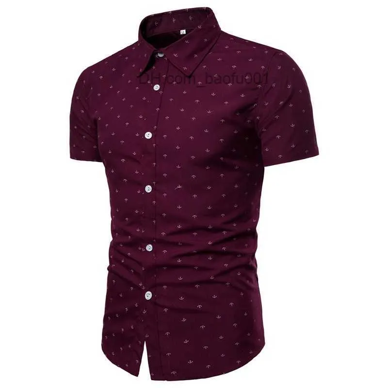 Męskie koszule na co dzień marka nadruk z kotwicą koszule z krótkim rękawem mężczyźni ubierają rozmiar ue slim camisa social mens casual fit Z230707