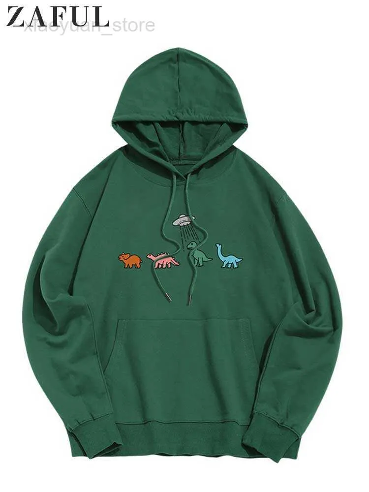 Luvtröjor herr ZAFUL bomullshuvtröja för män Cartoon Dinosaur Streetwear Pullover Sweats Höst Vinter Huvtröjor med ficka HKD230704