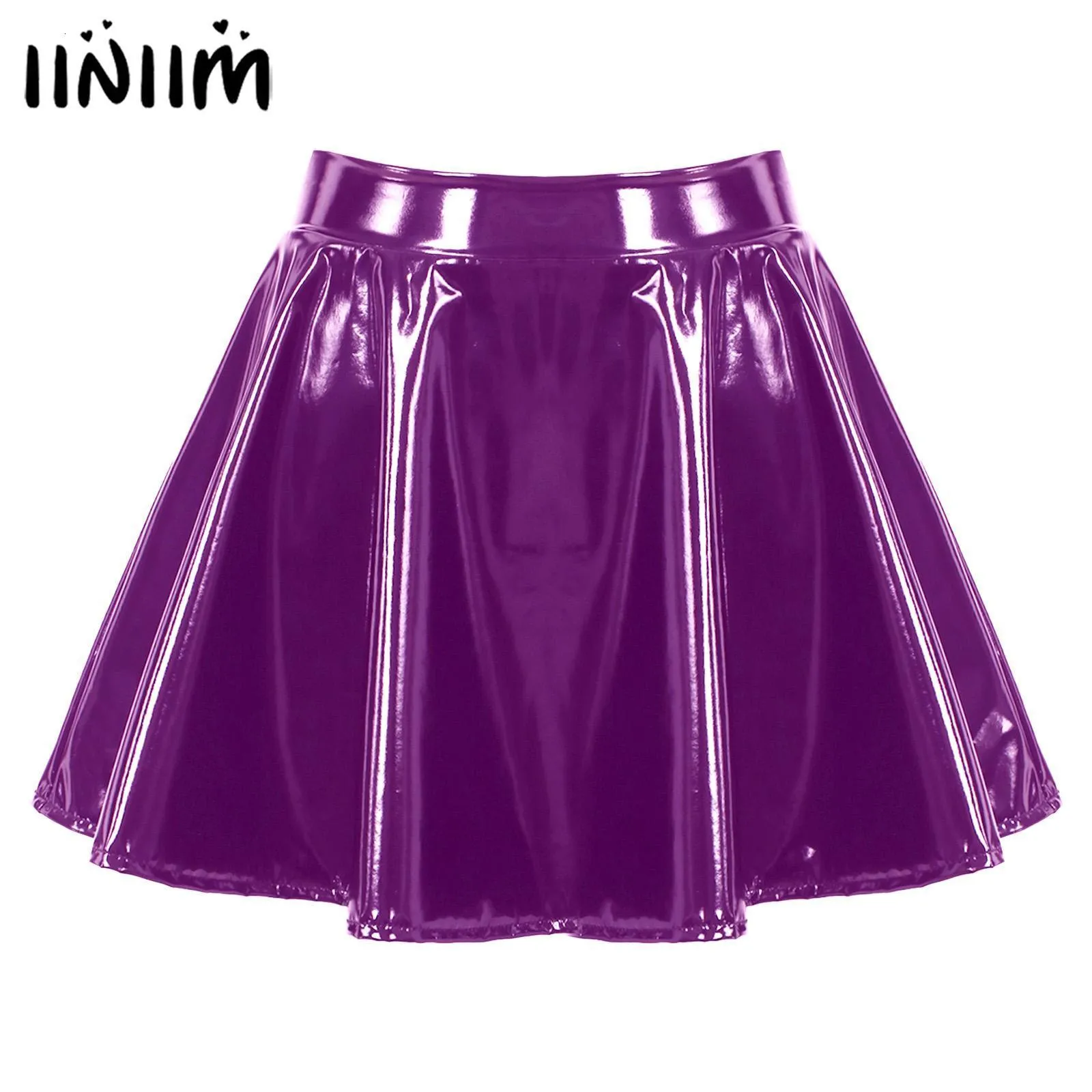 Skirts Womens Glossy Patent Leather Flared Miniskirt Dance Performance Invisible Zipper A-Line Mini Skirts Clubwear Cosplay Costume 230703