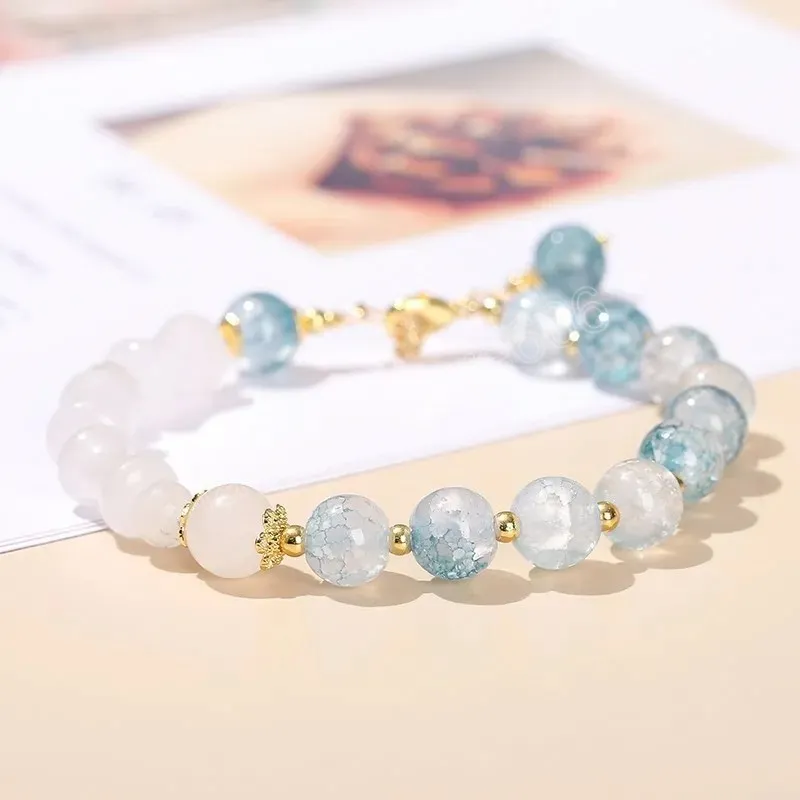 Natural Blue Popcorn Crystal Ice Green Jade Bamboo Beads Chain Adjustable Bracelet Women Fashion Sweet Style Crystal Jewelry