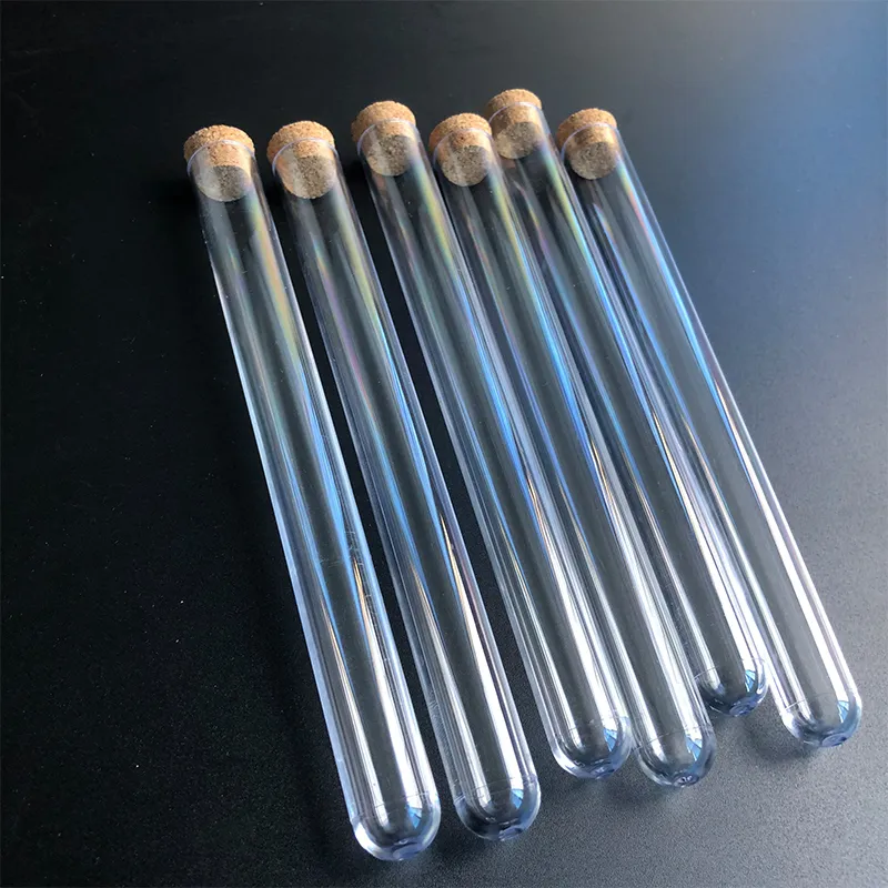 Folhas de plástico de vidro 50 peças 15x150 mm Tubos de ensaio transparentes para laboratório com rolhas de rolha Tampas Tubo para presente de casamento Experimento escolar 230703