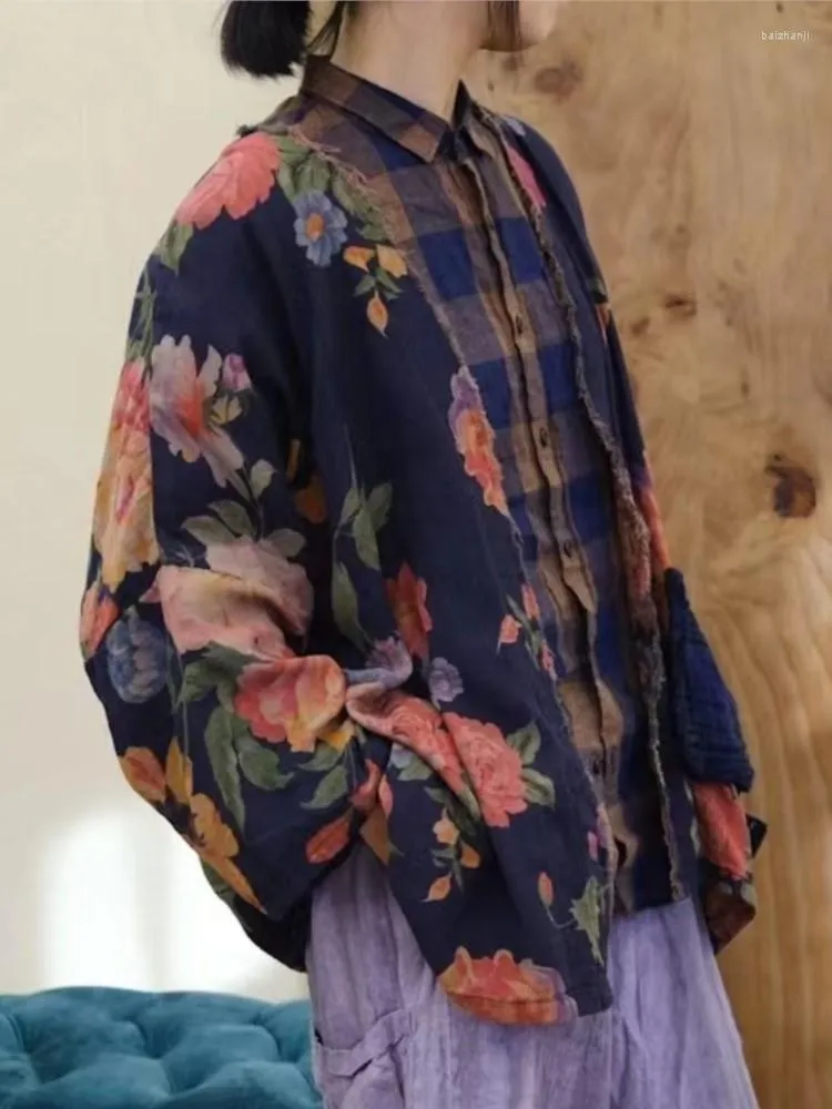 Bluzki damskie QPFJQD kobiece nadruk retro kwiatowy wiosna jesień bawełna otwórz ścieg kobiety z długim rękawem luźne granatowe koszule 2023