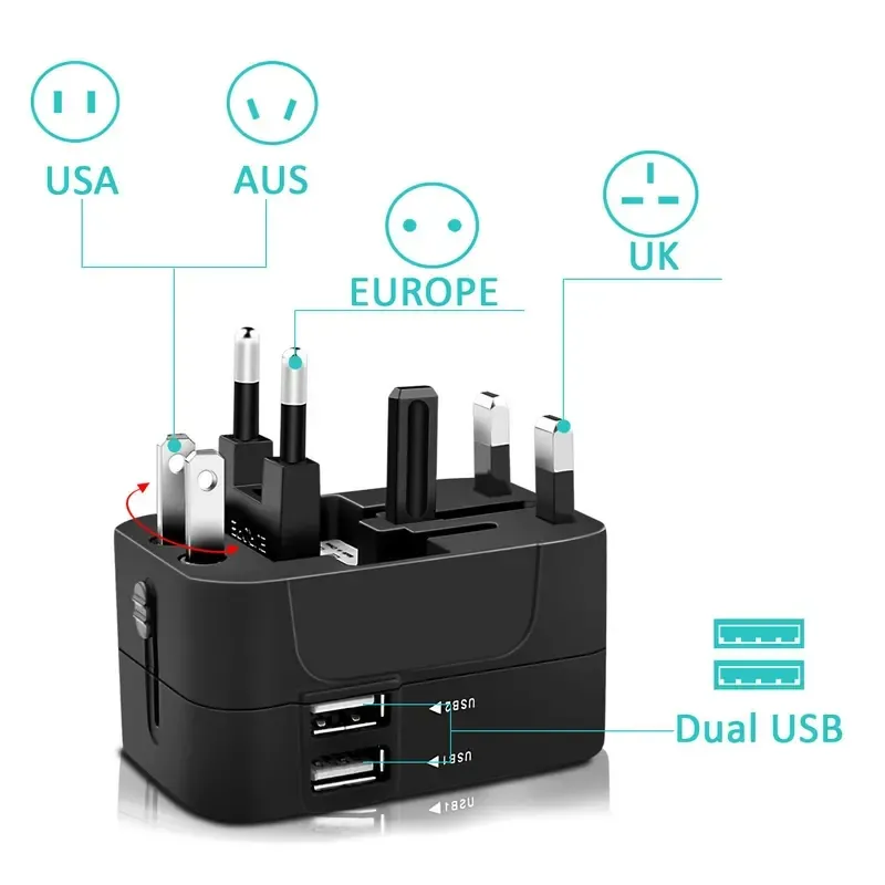 1pc 범용 여행용 플러그 어댑터 2 USB 세계 여행 AC 전원 충전기 어댑터 AU 미국 EU 컨버터 어댑터 USB 충전기 새로운