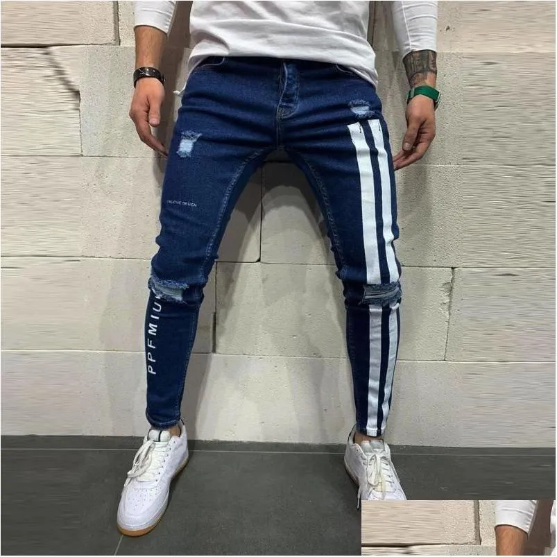 Heren Jeans Heren Trendy Heren Skinny Biker Vernietigd Gerafeld Fit Denim Ripped Side Stripe Potlood Hip Hop Streetwear Drop Delivery Appar Dh62Y