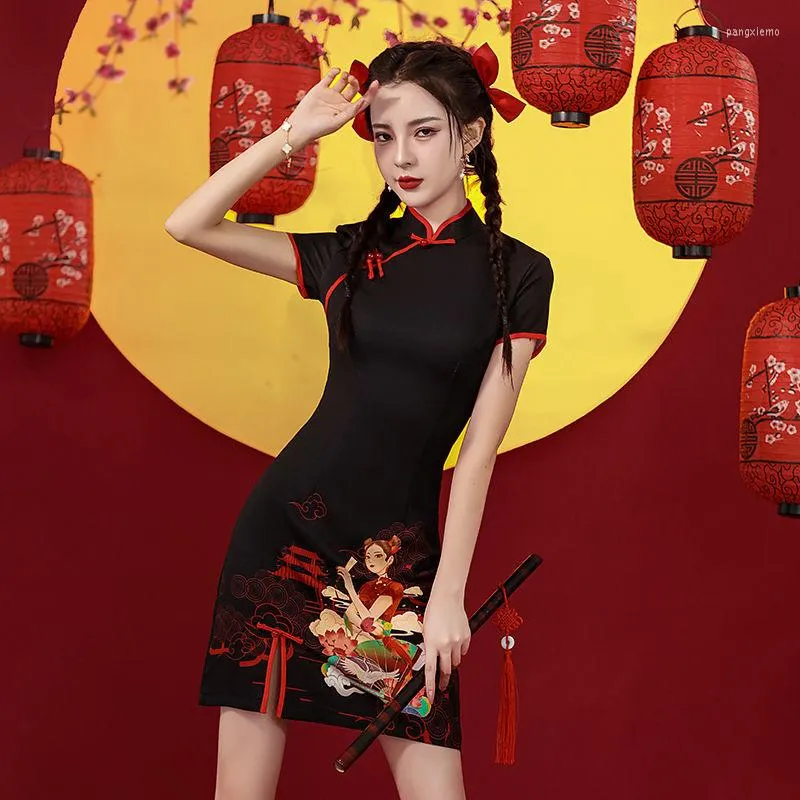 Etnik Giyim Yaz Siyah Geliştiren Cheongsam Elbise Modern Kadınlar 2023 Çin Geleneksel Kısa Qipao Kız Vestido Vintage Moda Baskı