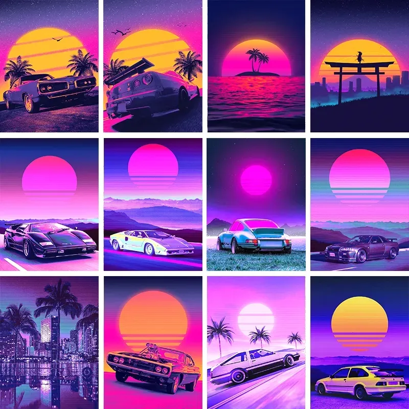 80s Outrun Vaporwave Style Canvas Painting Poster Neon City Night CAR HOUSE SUNSET Painting Wall Art Decoration Kawaii Room Decor Canvas Poster Unframed