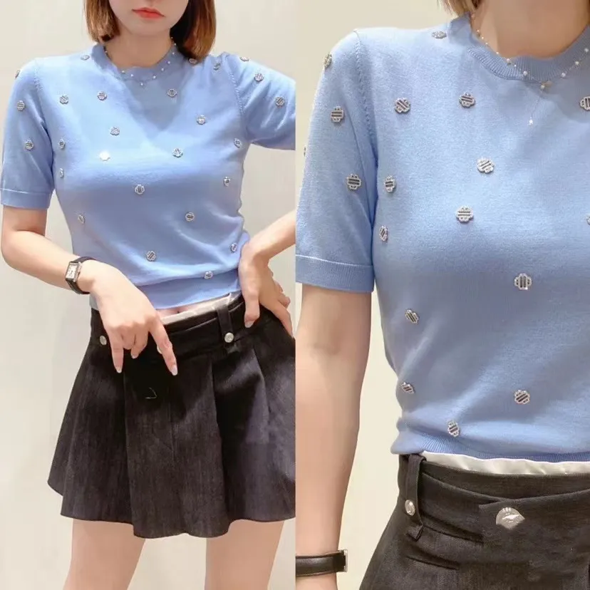 New m-aje Wool Solid Color Jewelry Knitted Short Sleeve Top for Women