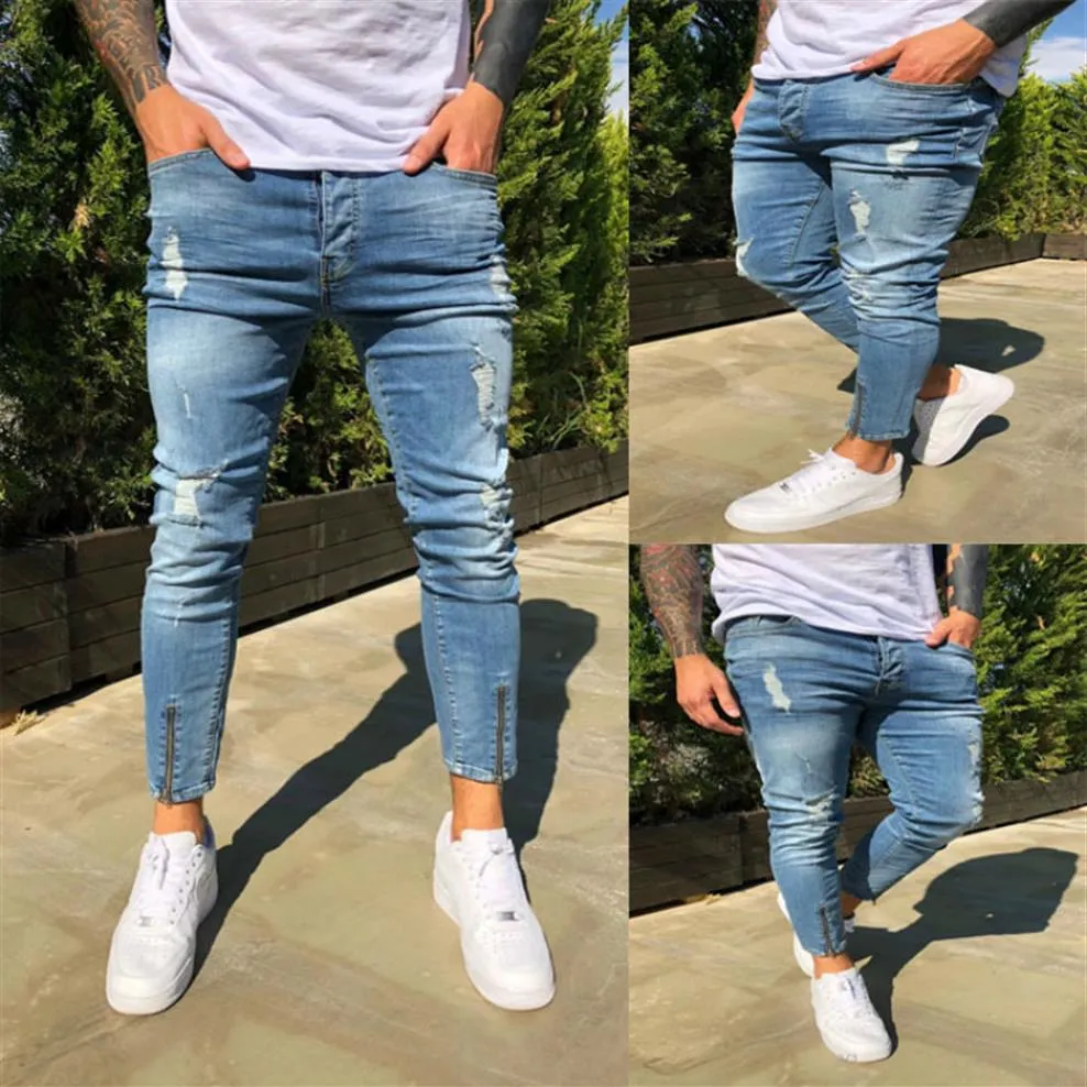 Rozciągliwe Przycięte Spodnie Mężczyźni Brand New Zniszczone Ripped Biker Jeans Dorywczo Slim Fit Skinny Ołówek Spodnie Projektant Denim Spodnie 2011215 S