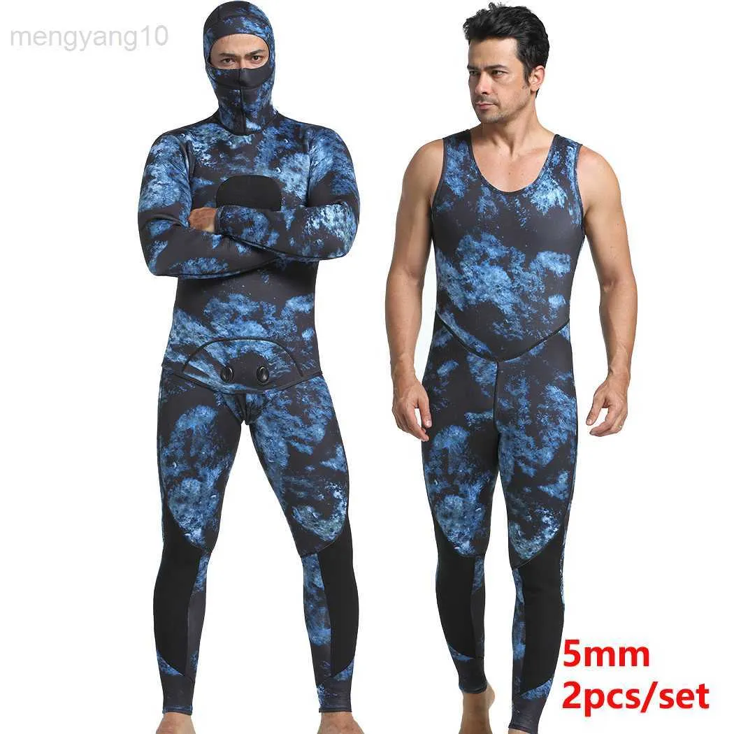 Wetsuits Drysuits Wetsuit Men 5mm Neoprene Spearfishing Scuba Diving Suit  Camouflage 2pieces Keep Warm Fishing Suit Surfers with Chloroprene HKD230704